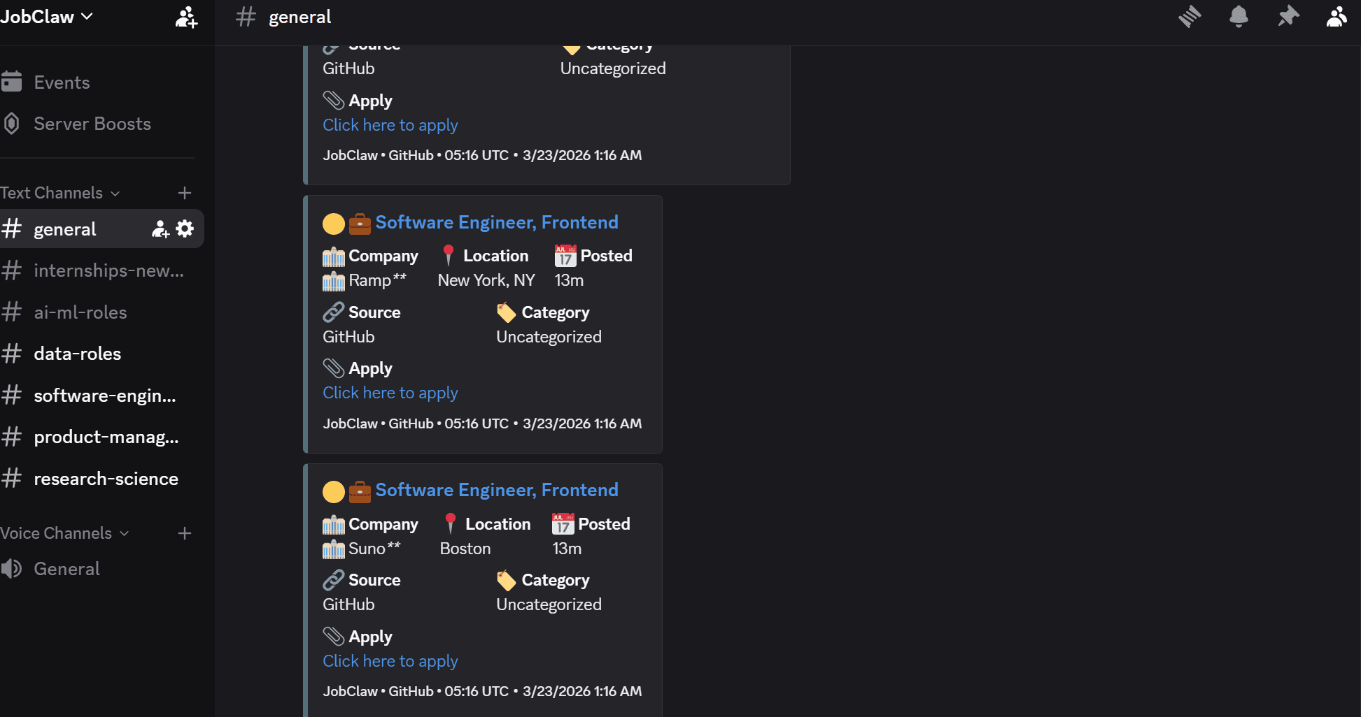 Discord #general channel showing JobClaw broadcasting Software Engineer Frontend roles at Ramp and Suno with company, location, posted time, and source